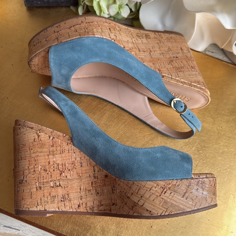 Stuart Weitzman Platform Gloss Cork Wedges in Blue Suede - Picture 3 of 16